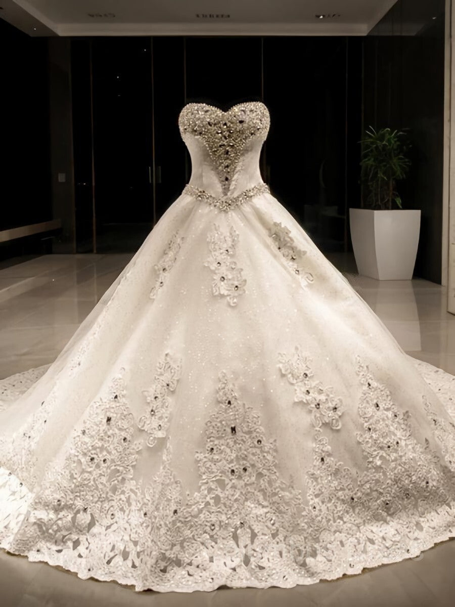 Ball Gown Sweetheart Cathedral Train Tulle Corset Wedding Dresses With Sequin Gowns, Wedding Dress Casual