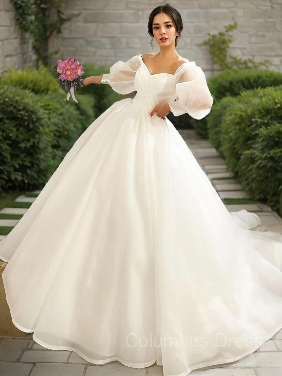 Ball Gown Sweetheart Sweep Train Satin Corset Wedding Dresses outfit, Wedding Dresses Laced Sleeves