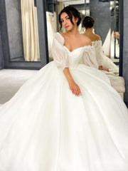 Ball Gown Sweetheart Sweep Train Satin Corset Wedding Dresses outfit, Wedding Dresses Lace Sleeves