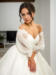 Ball Gown Sweetheart Sweep Train Satin Corset Wedding Dresses outfit, Weddings Dresses Lace Sleeves