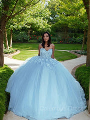 Ball Gown Sweetheart Sweep Train Tulle Corset Prom Dresses With Appliques Lace outfit, Formal Dress Shop Near Me