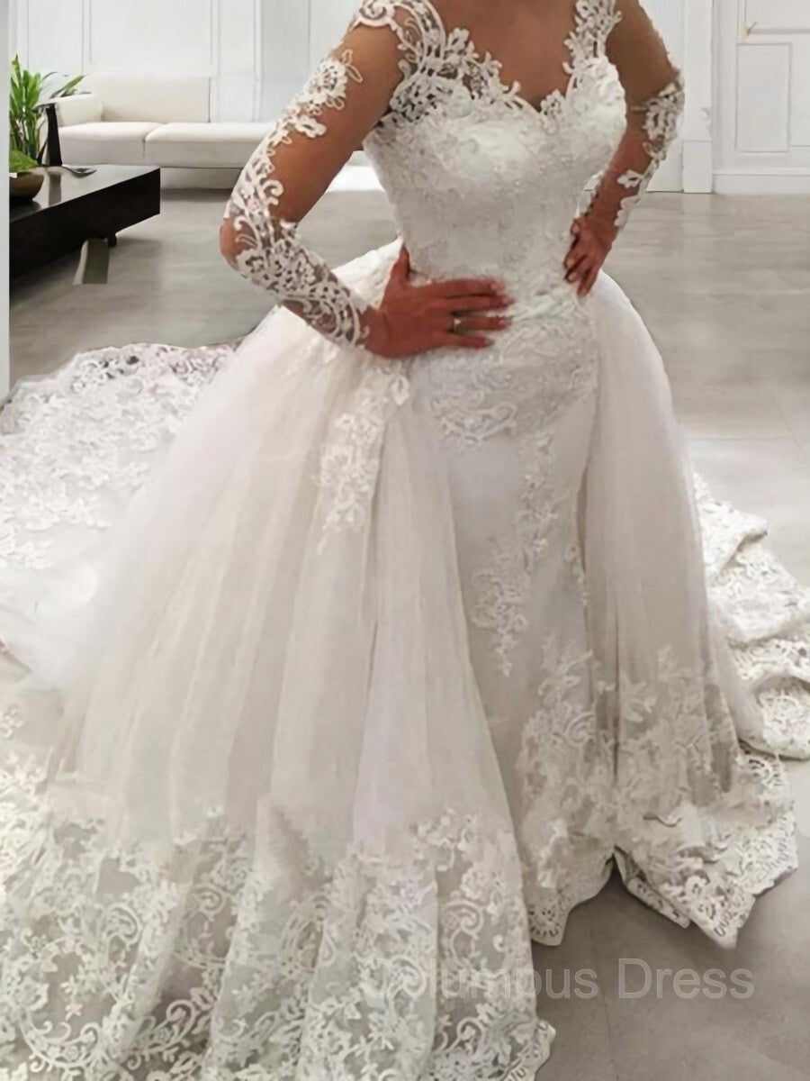 Ball Gown V-neck Cathedral Train Tulle Corset Wedding Dresses With Appliques Lace outfit, Wedding Dresses Lace Sleeves