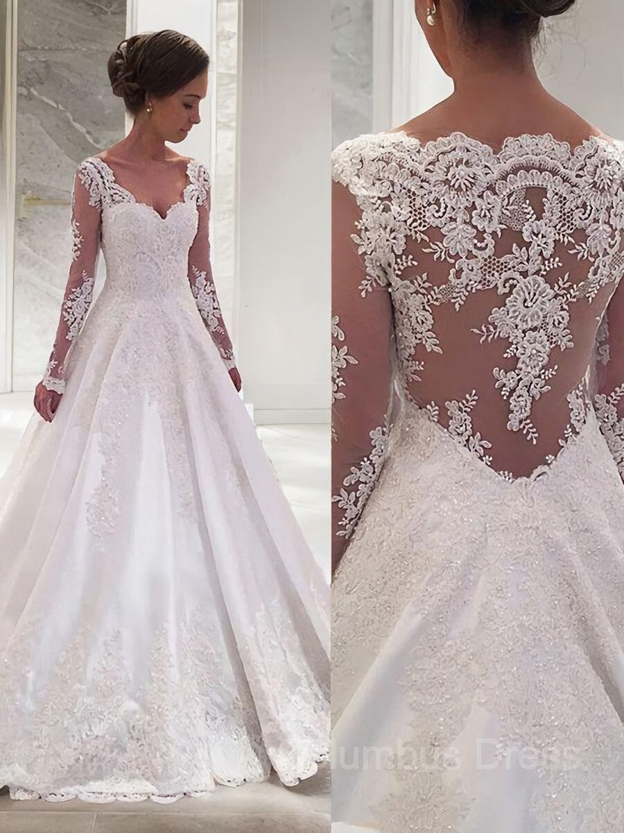 Ball Gown V-neck Court Train Satin Corset Wedding Dresses With Appliques Lace outfit, Weddings Dresses Lace