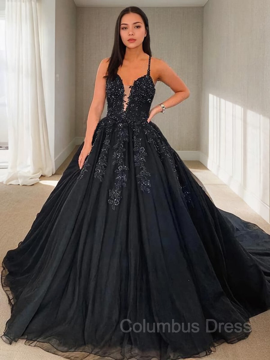 Ball Gown V-neck Court Train Tulle Corset Prom Dresses With Appliques Lace outfit, Wedding Shoes Bride
