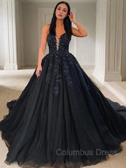 Ball Gown V-neck Court Train Tulle Corset Prom Dresses With Appliques Lace outfit, Pretty Prom Dress