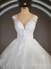 Ball-Gown V-neck Court Train Tulle Corset Wedding Dresses with Appliques Lace outfit, Wedding Dresses Lace Beach
