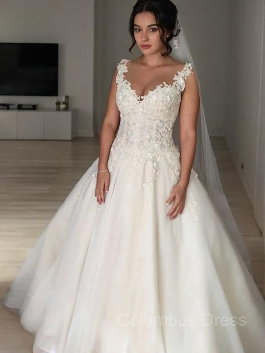 Ball Gown V-neck Court Train Tulle Corset Wedding Dresses With Appliques Lace outfit, Wedding Dress 