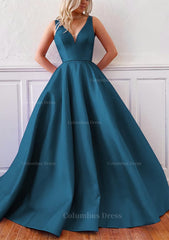 Ball Gown V Neck Sleeveless Satin Sweep Train Corset Prom Dress outfits, Party Dress For Christmas Party