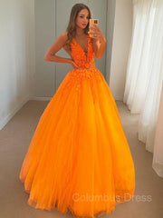 Ball Gown V-neck Floor-Length Tulle Corset Prom Dresses With Appliques Lace outfit, Prom Dress Short