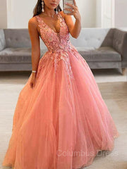 Ball Gown V-neck Floor-Length Tulle Corset Prom Dresses With Appliques Lace outfit, Prom Dress For Teens