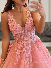 Ball Gown V-neck Floor-Length Tulle Corset Prom Dresses With Appliques Lace outfit, Prom Dress With Pockets