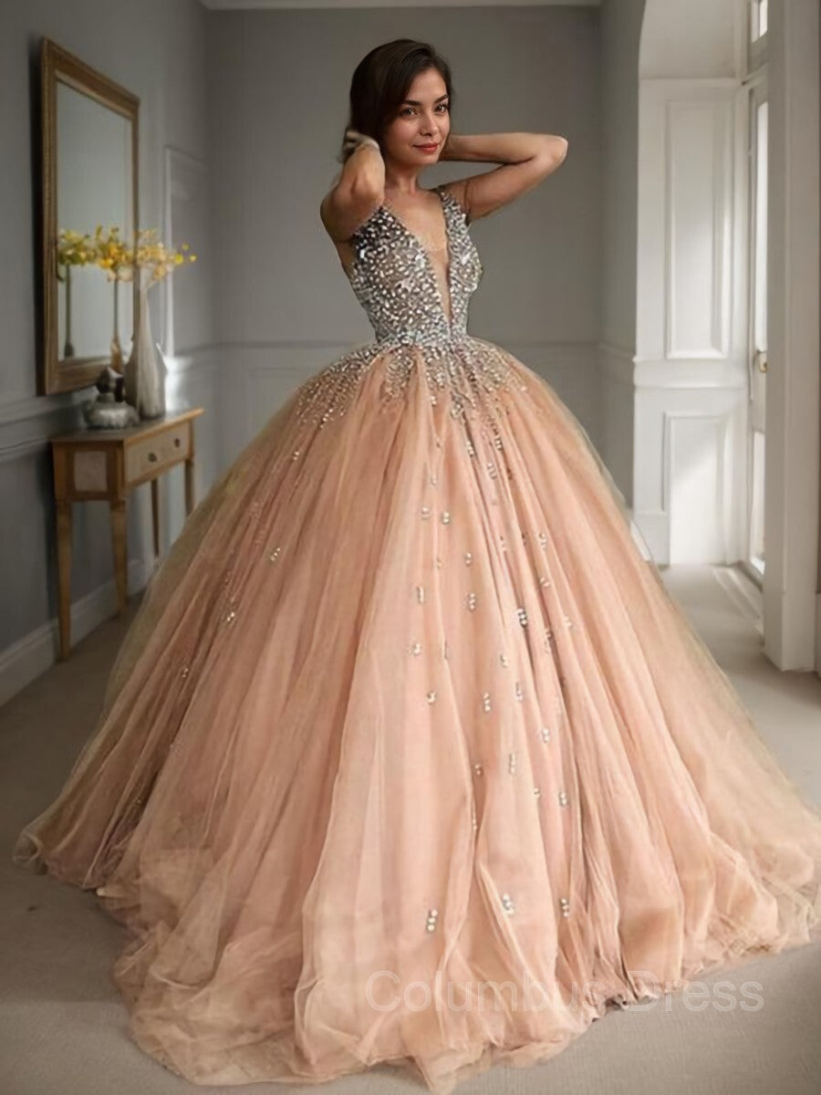 Ball Gown V-neck Sweep Train Tulle Corset Prom Dresses With Beading outfit, Prom Dresses Chiffon