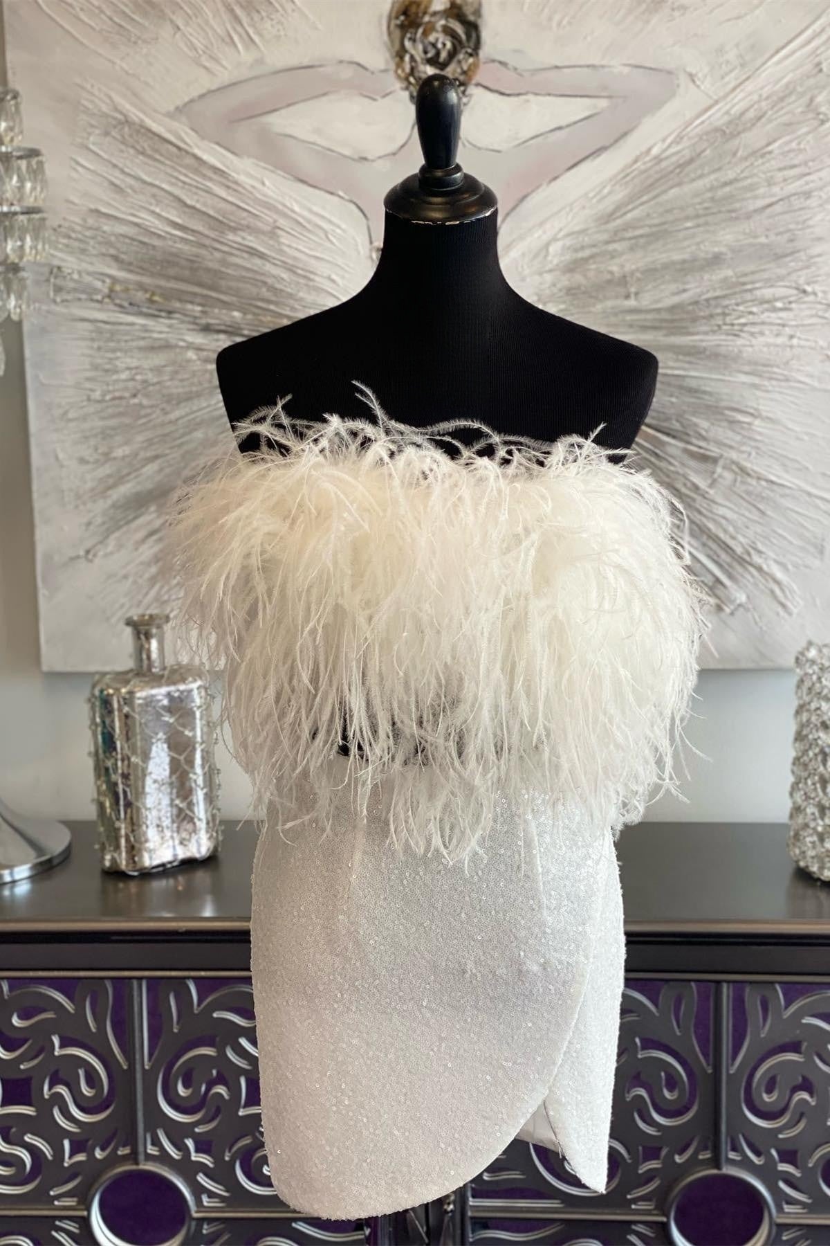 White Sequins Strapless Corset Homecoming Dress with Feathers outfit, Casual Gown