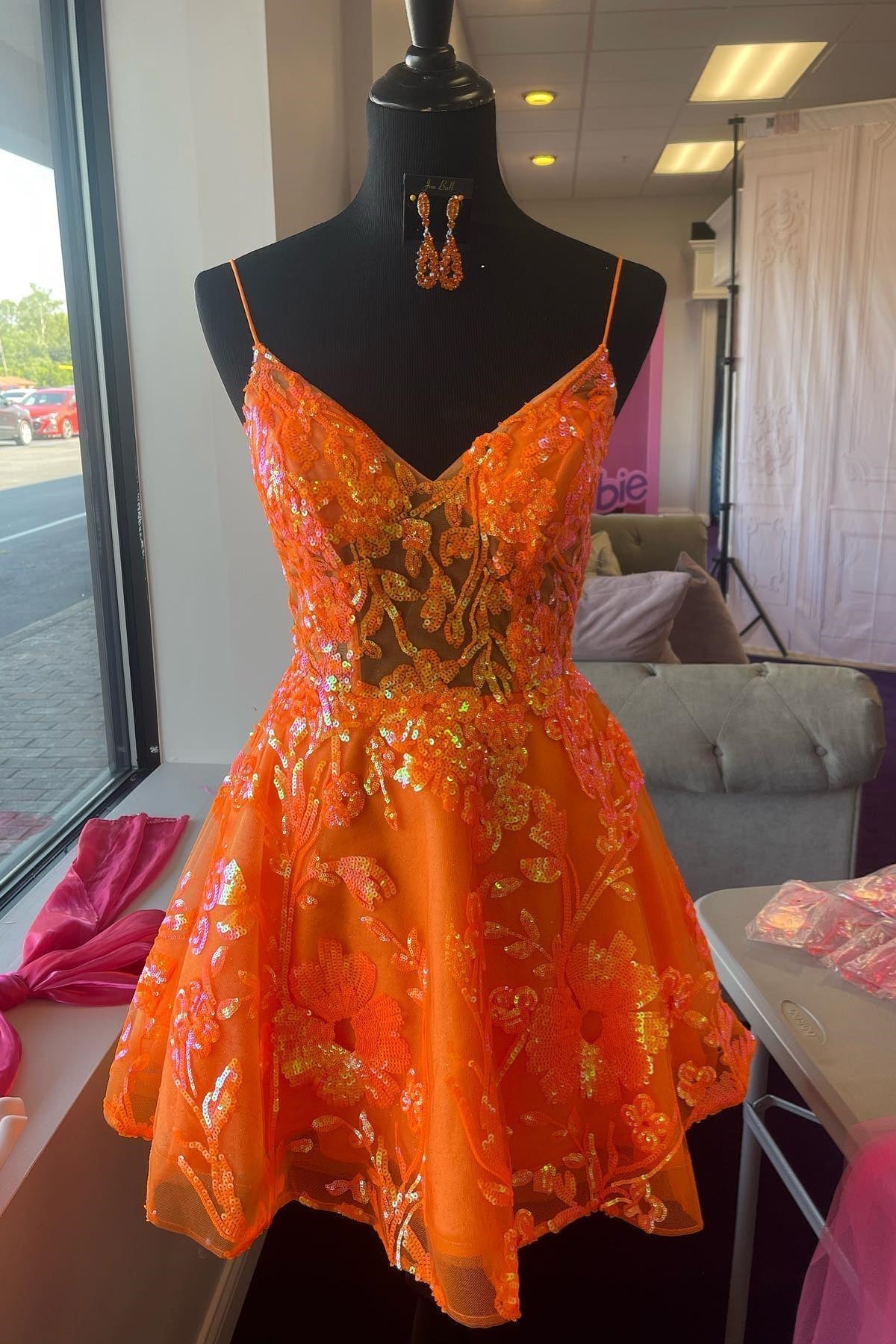 Orange A-line V Neck Straps Sequins-Embroidered Corset Homecoming Dress outfit, Prom Dress Chiffon