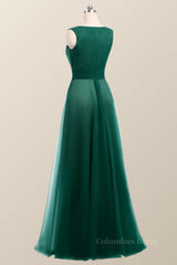 Bateau Green Tulle Long Corset Bridesmaid Dress outfit, Evening Dresses Online Shopping