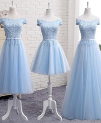 Sky Blue A Line Lace Off Shoulder Corset Prom Dress, Lace Evening Dresses outfit, Prom Dresses Unique