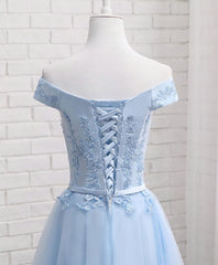 Sky Blue A Line Lace Off Shoulder Corset Prom Dress, Lace Evening Dresses outfit, Prom Dress Beautiful