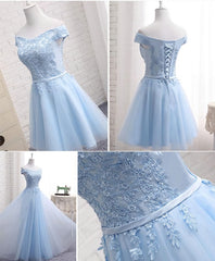 Sky Blue A Line Lace Off Shoulder Corset Prom Dress, Lace Evening Dresses outfit, Prom Dresses Classy