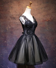Black V Neck Lace Short Corset Prom Dress, Black Party Dress Outfits, Prom Dress Unique