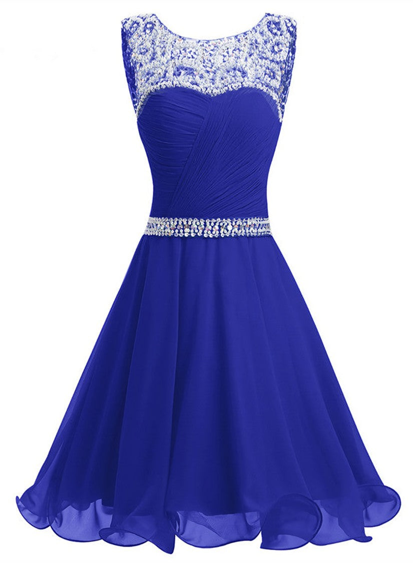 Beaded Chiffon Round Neckline Short Party Dress, Blue Chiffon Corset Homecoming Dresses outfit, Bridesmaid Dress By Color