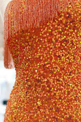 Beaded Fringe Orange Tight Short Corset Homecoming Dress Cocktail Dresses Wedding Outfits, Wedding Dress With Sleeves