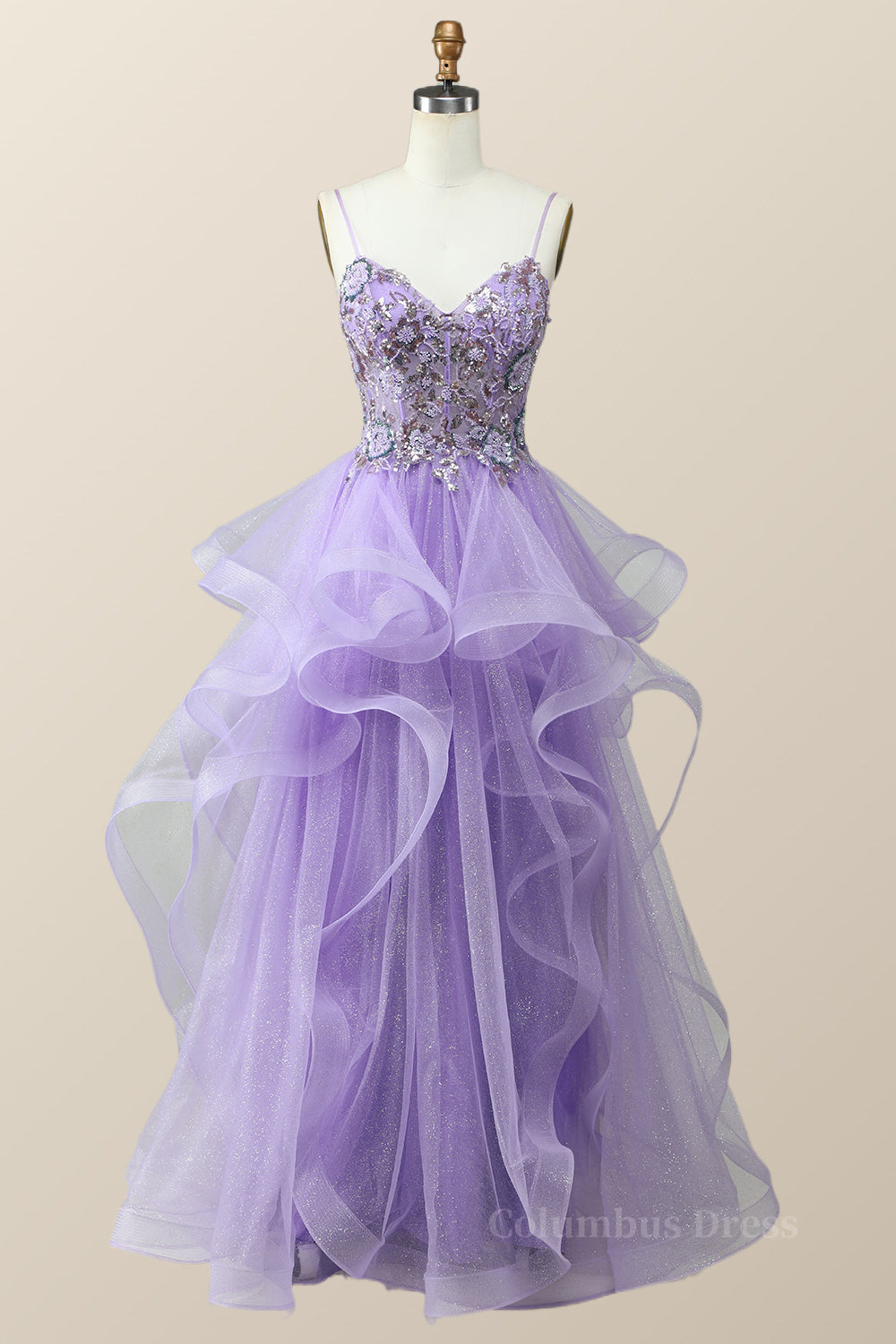 Beaded Lavender Ruffles A-line Long Corset Prom Dress outfits, Wedding Inspiration