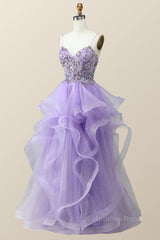 Beaded Lavender Ruffles A-line Long Corset Prom Dress outfits, Prom Shoes
