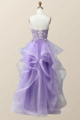 Beaded Lavender Ruffles A-line Long Corset Prom Dress outfits, Silk Wedding Dress