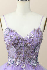 Beaded Lavender Ruffles A-line Long Corset Prom Dress outfits, Winter Formal