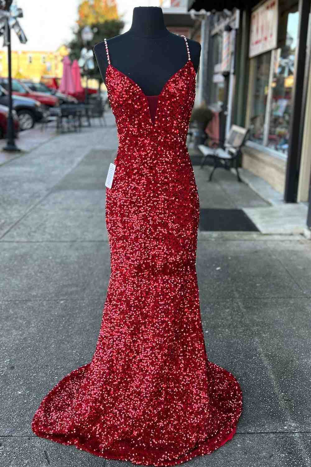 Beaded Straps Burgundy Sequins Mermaid Long Corset Prom Dress,Evening Dresses Elegant outfit, Bachelorette Party Outfit
