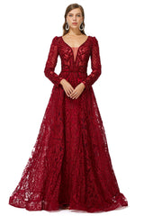 Beaded Wine Red Long V neck Sleeves Corset Prom Dresses outfit, Prom Dress Ideas