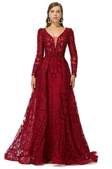 Beaded Wine Red Long V neck Sleeves Corset Prom Dresses outfit, Prom Dress Blue