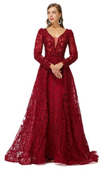 Beaded Wine Red Long V neck Sleeves Corset Prom Dresses outfit, Night Dress