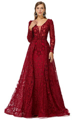 Beaded Wine Red Long V neck Sleeves Corset Prom Dresses outfit, Black Formal Dress