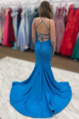 Beading Blue Mermaid Corset Prom Dress with Slit Gowns, Beading Blue Mermaid Prom Dress with Slit