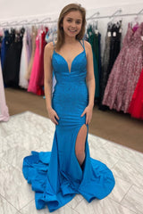 Beading Blue Mermaid Corset Prom Dress with Slit Gowns, Beading Blue Mermaid Prom Dress with Slit