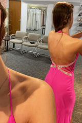 Beading Hot Pink Halter Corset Prom Dress with Slit Gowns, Beading Hot Pink Halter Prom Dress with Slit