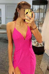 Beading Hot Pink Halter Corset Prom Dress with Slit Gowns, Beading Hot Pink Halter Prom Dress with Slit