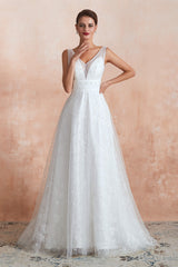 Beading Pearls Lace Floor Length Straps V-Back Backless White A-Line Corset Wedding Dresses outfit, Wedsing Dress Off The Shoulder