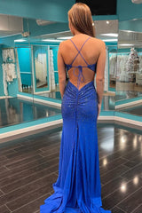 Beading Royal Blue Mermaid Corset Prom Dress with Slit Gowns, Beading Royal Blue Mermaid Prom Dress with Slit