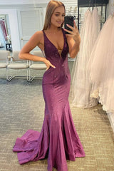 Beading V-neck Purple Mermaid Corset Prom Dress outfits, Beading V-neck Purple Mermaid Prom Dress