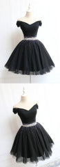 Beautiful Cute Charming Black Tulle V Neck Beaded Short Dress, Black Corset Homecoming Dress outfit, Prom Dresses Dark Blue