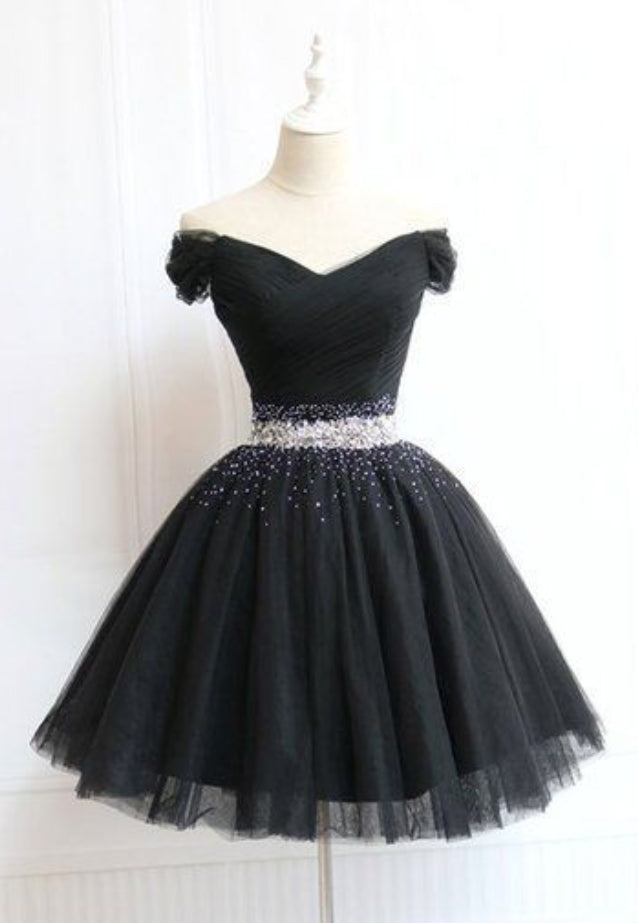 Beautiful Cute Charming Black Tulle V Neck Beaded Short Dress, Black Corset Homecoming Dress outfit, Prom Dresses 2036 Black