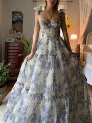 Beautiful Floral Print Chiffon Long Corset Prom Dresses Evening Dress outfit, Formal Dresses Lace