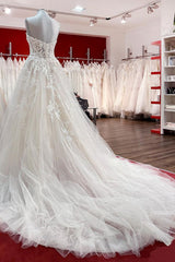 Beautiful Long A-line Strapless Tulle Ivory Corset Wedding Dress with Appliques Lace outfit, Wedding Dress Casual