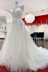 Beautiful Long A-line Strapless Tulle Ivory Corset Wedding Dress with Appliques Lace outfit, Wedding Dresses Sexy