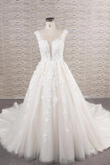 Beautiful Long A-line Tulle Lace Appliques Backless Corset Wedding Dress outfit, Wedding Dress Tops