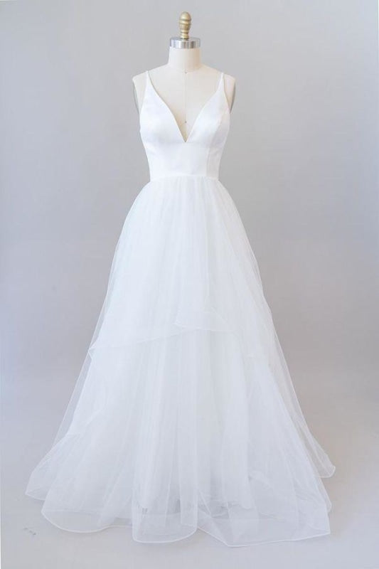 Beautiful V-neck Tulle A-line Corset Wedding Dress outfit, Wedding Dresses Lace A Line