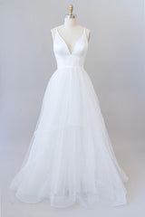 Beautiful White Long A-line V-neck Tulle Backless Corset Wedding Dress outfit, Wedding Dresses Under 10004