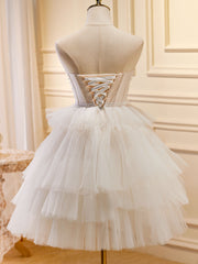 Beige Sweetheart Neck Tulle Puffy Short Corset Prom Dress, Beige Corset Homecoming Dress outfit, Homecoming Dress 2031